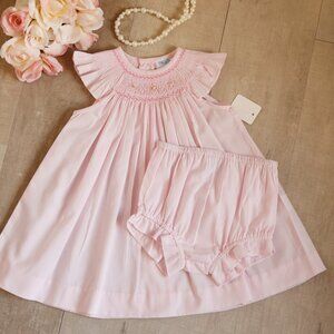 Pink Smocked Dress Set with Bloomers Flutter Sleeves Luli & Me 9 Month NWT